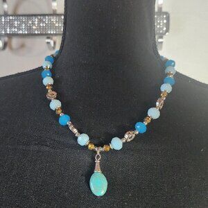Blue and Gold Beaded Silver Tone Flower Faux Turquoise Pendant Boho 18" Necklace